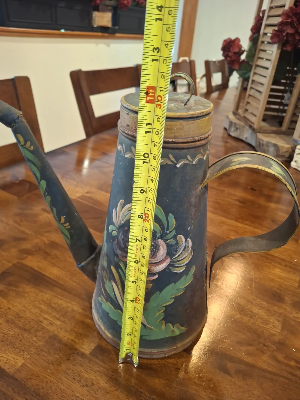 Vintage Hand-Painted Metal Watering Can - Green Floral Home Art